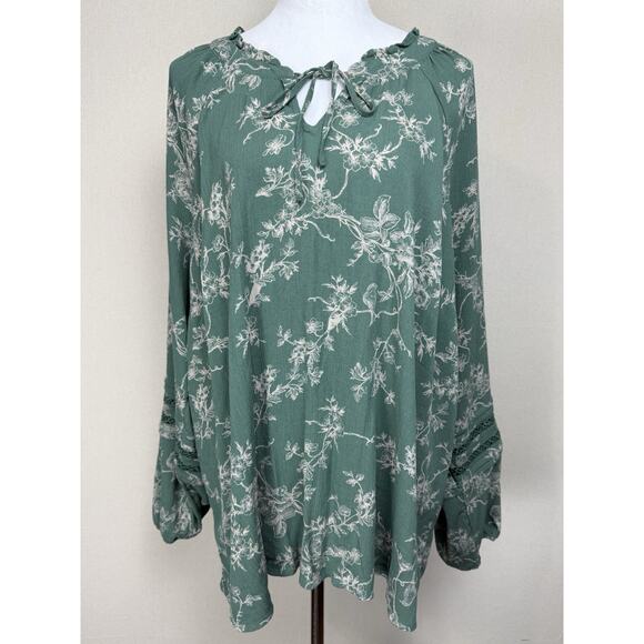 Torrid Women's Blouse Top Tunic Sz 1X? (No tag) Green Long Sleeves Floral Birds - Picture 1 of 13